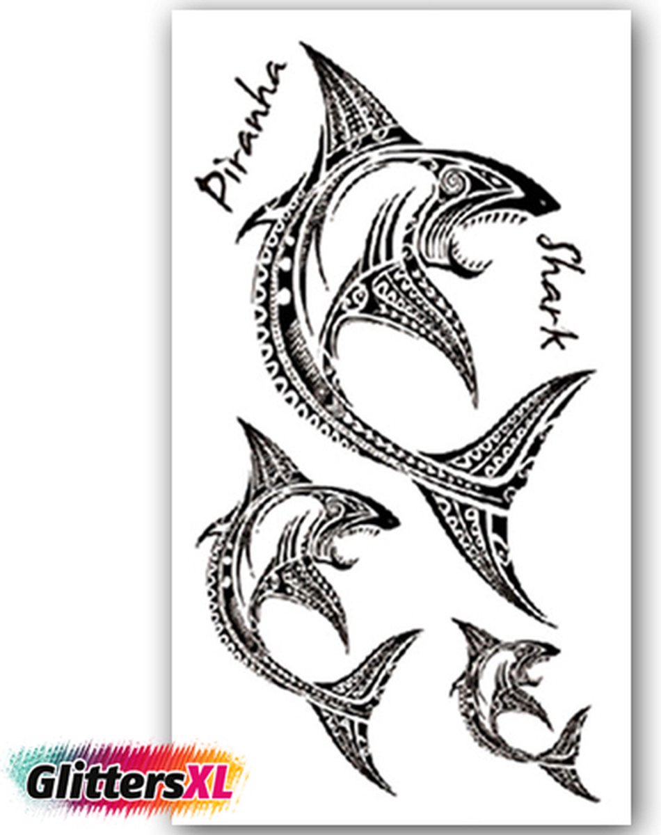 GlittersXL - Temporary Tattoo Haaien/Haai (11x6cm) [Neptattoo - Tijdelijke tatoeage - Nep Fake Tattoos - Water overdraagbare festival sticker henna outfit tattoo - Glitter tattoo - Volwassenen Kinderen Jongen Meisje]